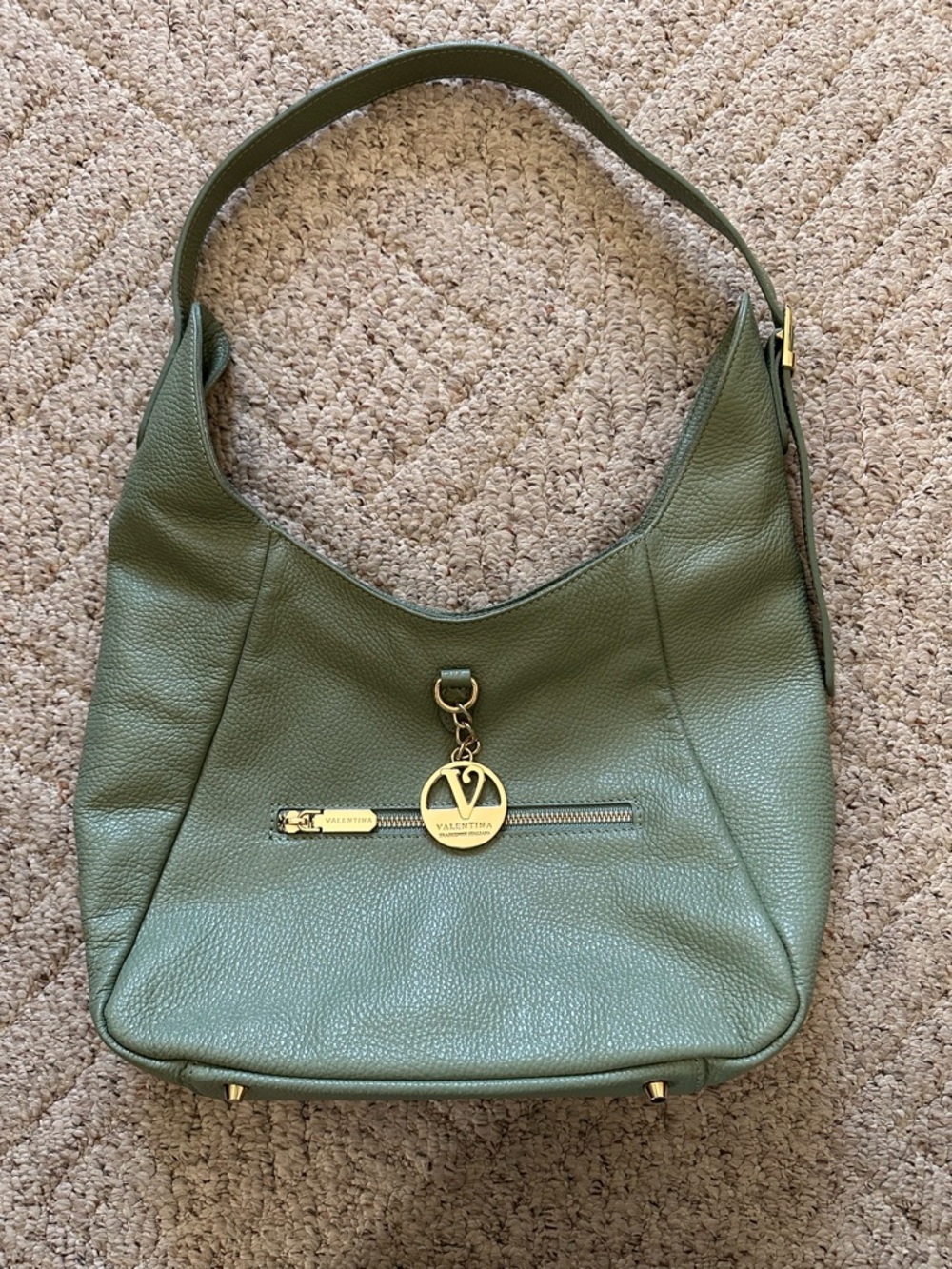 Valentina Sage Green Pebbled Leather Shoulder Bag with Gold Charm